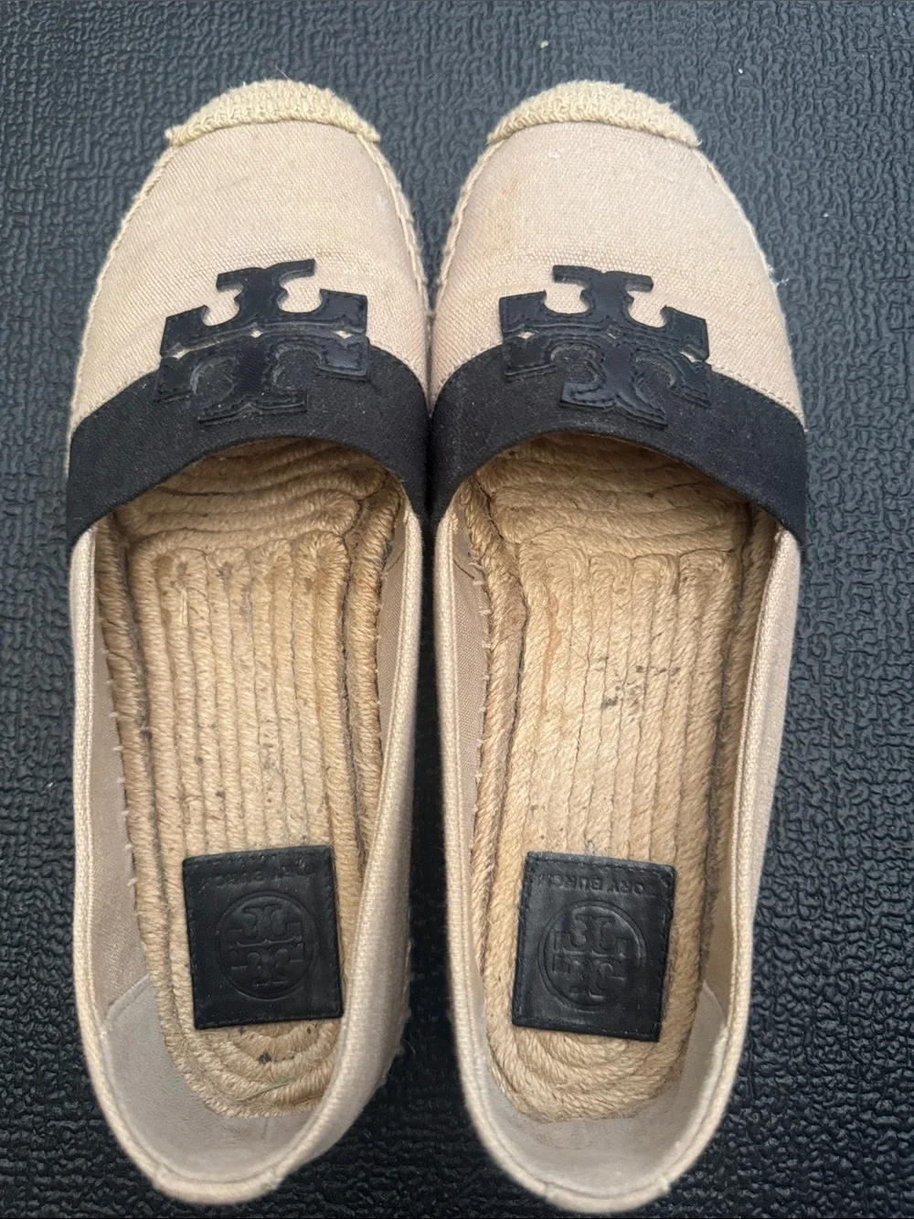 Tory Burch Neutral Canvas Espadrille Flats with Black Logo Band